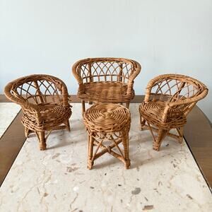 VTG Rattan Wicker Miniature Doll House Furniture Love Seat 2 Chairs Table Boho